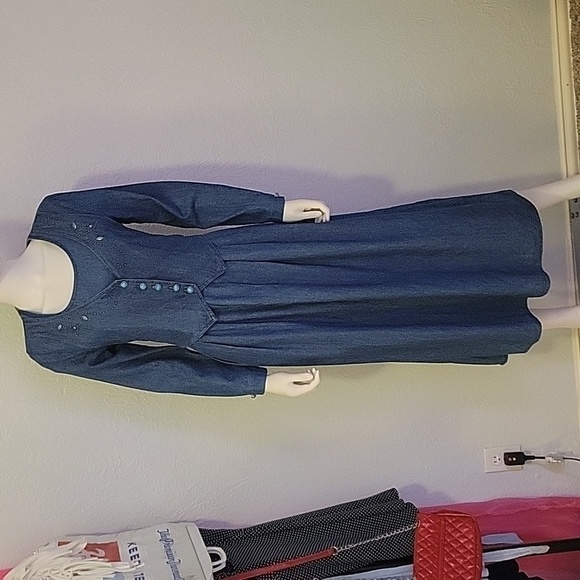 VTG STUART ALAN 1980s Western Colonial Chambray Denim Tie Back 2Fer Dress - Picture 3 of 11